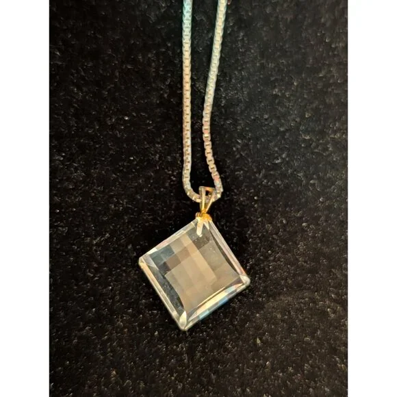 30-Inch Sterling Silver Necklace Square Crystal Pendant Italy 925 10g Elegant - Picture 12 of 15